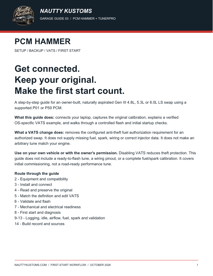 Nautty Kustoms PCM Hammer LS swap tuning and first start PDF guide cover